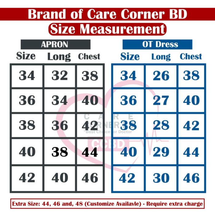 Size Chart for Medical Apron